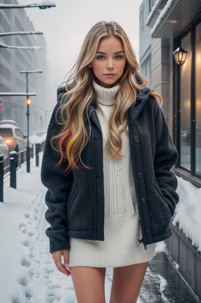 professional portrait photograph of a gorgeous Norwegian girl in winter clothing with long wavy blonde hair, sultry flirty look, gorgeous symmetrical face, cute natural makeup, wearing elegant warm winter fashion clothing, ((standing outside in snowy city street)), stunning modern urban environment, ultra realistic, concept art, elegant, highly detailed, intricate, sharp focus, depth of field, f/1. 8, 85mm, medium shot, mid shot, (((professionally color graded))), bright soft diffused light, (volumetric fog), trending on instagram, hdr 4k, 8k