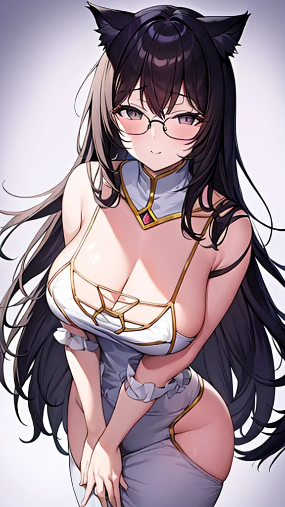 (Masterpiece), (best quality), Cat girl in her 20s, long hair, black hair, chest, gray eyes, cat ears and cat tail, round glasses, long black evening dress.