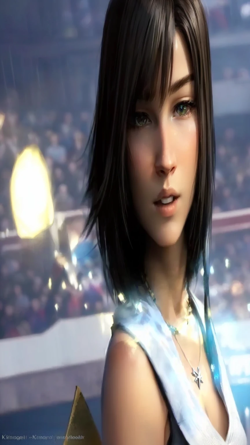 Woman with necklace and earrings standing in front of crowd, Final Fantasy x, from Final Fantasy, Final Fantasy character, From Kingdom Hearts, Final Fantasy face, Final Fantasy 1 2 style, sky, Female protagonist 👀 :8, Final Fantasy, from Final Fantasy xiii, Game CG, From FF7, Final Fantasy, Final Fantasy, square Enix