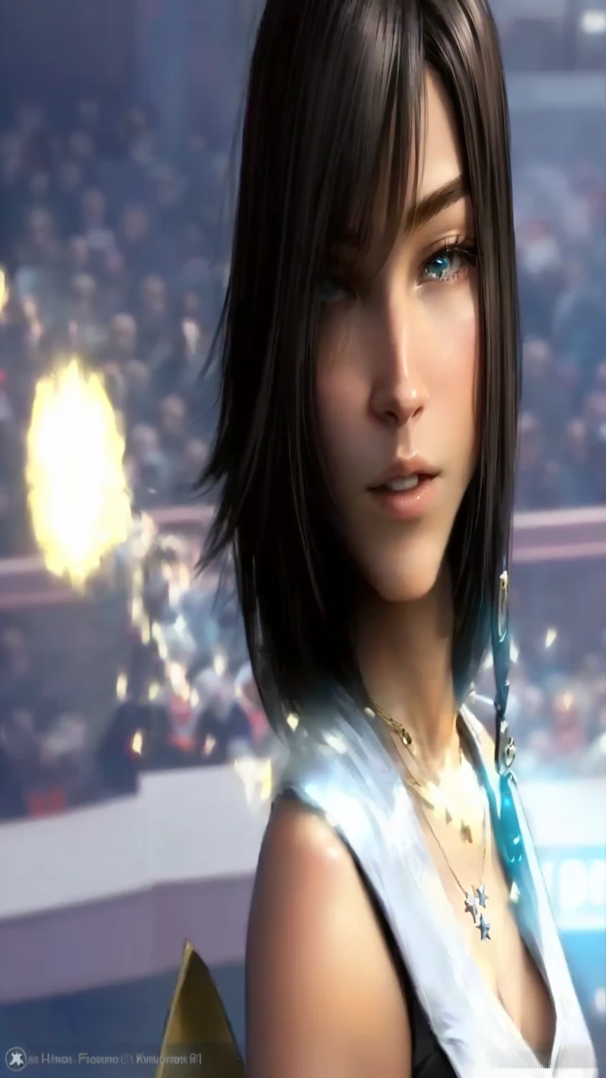 Woman with necklace and earrings standing in front of crowd, Final Fantasy x, from Final Fantasy, Final Fantasy character, From Kingdom Hearts, Final Fantasy face, Final Fantasy 1 2 style, sky, Female protagonist 👀 :8, Final Fantasy, from Final Fantasy xiii, Game CG, From FF7, Final Fantasy, Final Fantasy, square Enix
