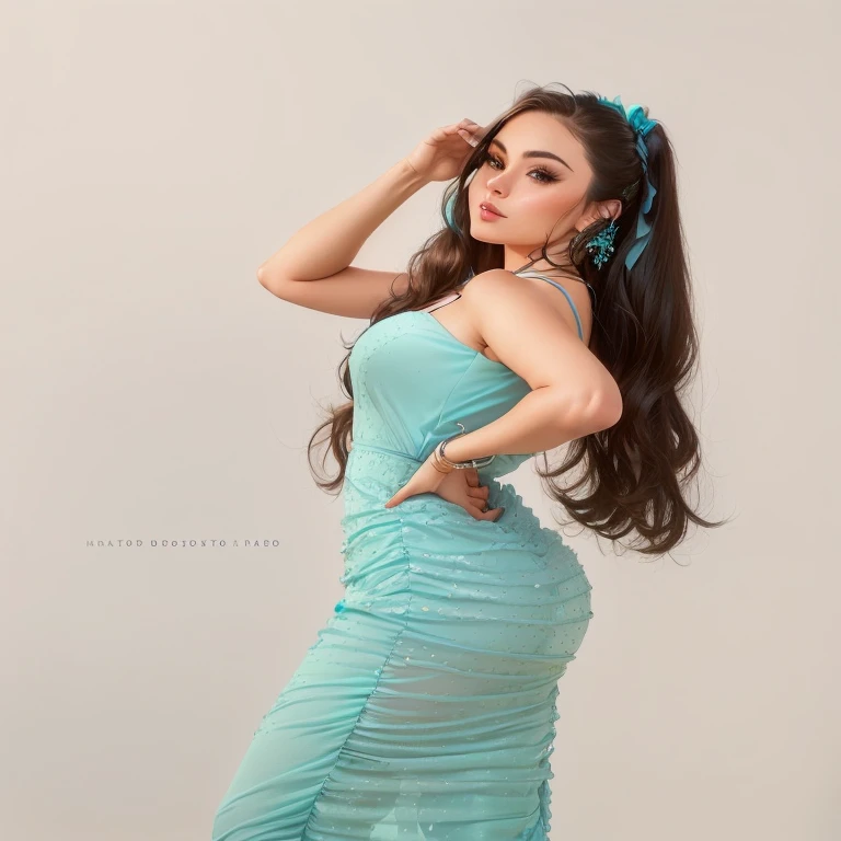 a woman in a blue dress posing for a picture, side pose, modeling photography, cute elegant pose, glamour pose, full body photoshoot, light blue dress portrait, casual pose, posed in profile, modeling shoot, side profile waist up portrait, casual photography, with teal clothes, profile photography, glamor profile pose, solo photoshoot, looking to the side