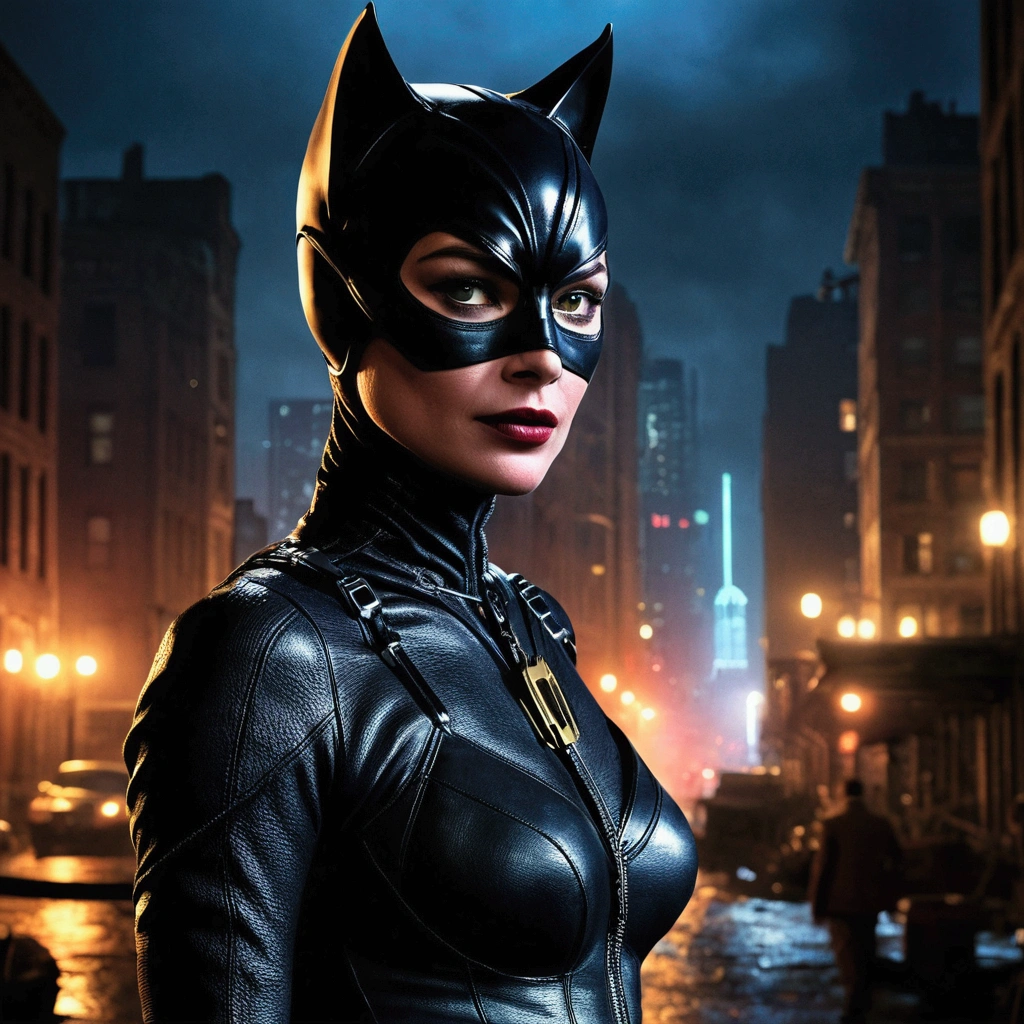 Catwoman, Gotham city at night, Christopher Nolan style, drama and lifesaving, in dynamic, atmosphere of darkness and horror, dramatic light, highly detailed, packed with hidden details, hyper realistic, uhd image, realism, colorful realism, UHD, 8K