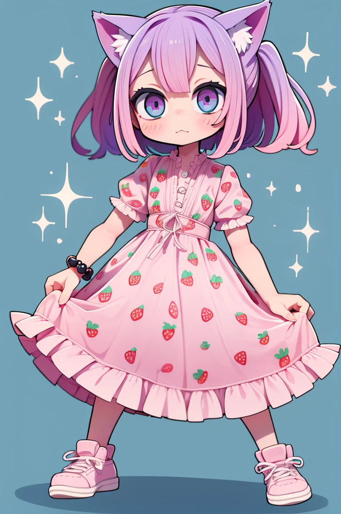 1 girl, chibi, tiny, toddler, pink hair, purple hairclips, cat ears, light skin, blue eyes, sparkle in eyes, purple pacifier, wearing light blue strawberry pattern dress, black flat shoes, colorful bead bracelets, happy expression