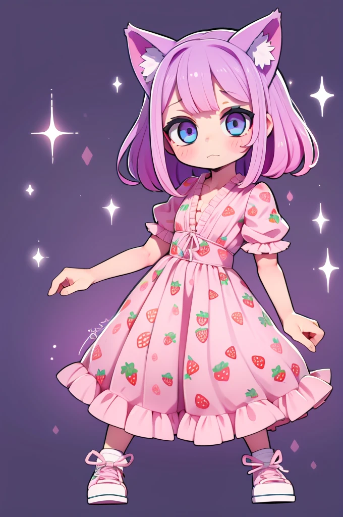 1 girl, chibi, tiny, toddler, pink hair, purple hairclips, cat ears, light skin, blue eyes, sparkle in eyes, purple pacifier, wearing light blue strawberry pattern dress, black flat shoes, colorful bead bracelets, happy expression