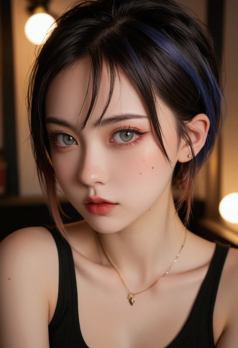 xxmixgirl,thorough, Analog style, Eyes Focus, best quality, (Very detailed skin), A beautiful woman、Fair skin、Punk Dutch Girl Photos, 21 years old,Perfect face, Charming eyes, [seductive makeup], indoor, Messy bedroom, (Bokeh:0.6), Clear focus, Mottled lighting, (Backlight:0.7), Film Grain, Shot with Sony A7R IV, 18 mm f/1.7 Lenses, (Very detailed, Complex details), 8K, Sexy pose, Front view, (Upper body:0.9)