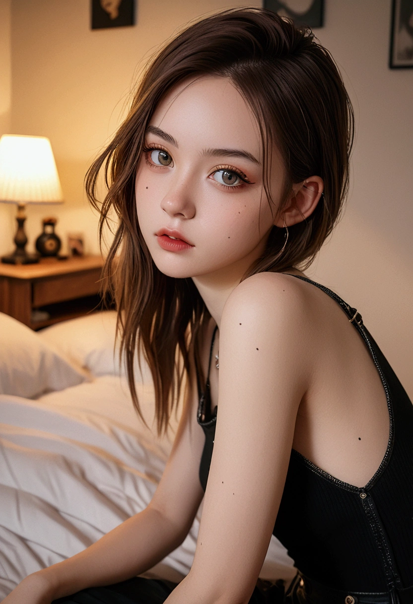 xxmixgirl,thorough, Analog style, Eyes Focus, best quality, (Very detailed skin), A beautiful woman、Fair skin、Punk Dutch Girl Photos, 21 years old,Perfect face, Charming eyes, [seductive makeup], indoor, Messy bedroom, (Bokeh:0.6), Clear focus, Mottled lighting, (Backlight:0.7), Film Grain, Shot with Sony A7R IV, 18 mm f/1.7 Lenses, (Very detailed, Complex details), 8K, Sexy pose, Front view, (Upper body:0.9)