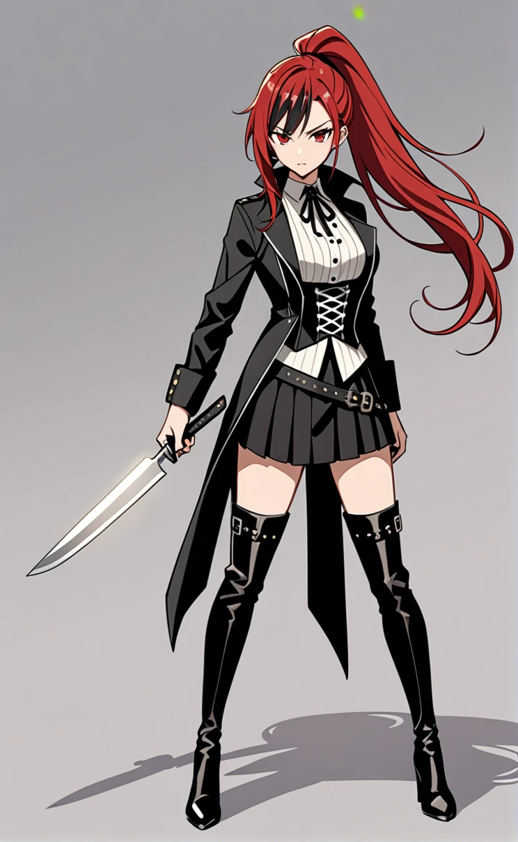 Rogue human woman, with red hair and black streaks, long high ponytail, white corset, black mini skirt, black thigh high boots, black jacket, holding a knife, full body
