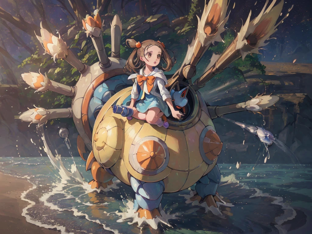 (masterpiece, Highest quality:1.2), Very detailed,Bright colors, 4K,1 person and 1 cat,jasmine \(Pokemon\), Princess Dress, White jacket, Round orange ribbon, Brown eyes,(Water cannons:1.1), Pokemon, blastoise,jasmineとblastoiseは相棒