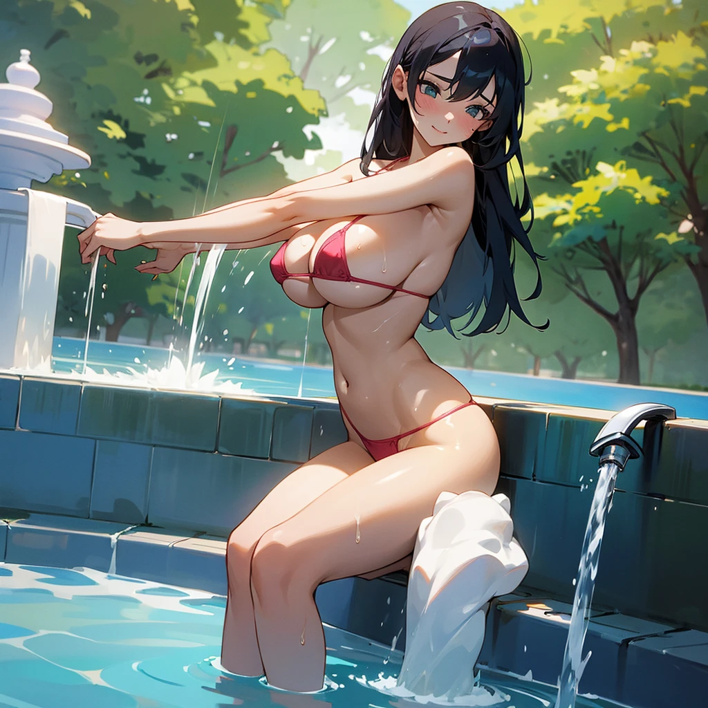 Girl with huge breasts in a micro bikini taking a shower in the fountain of a public park