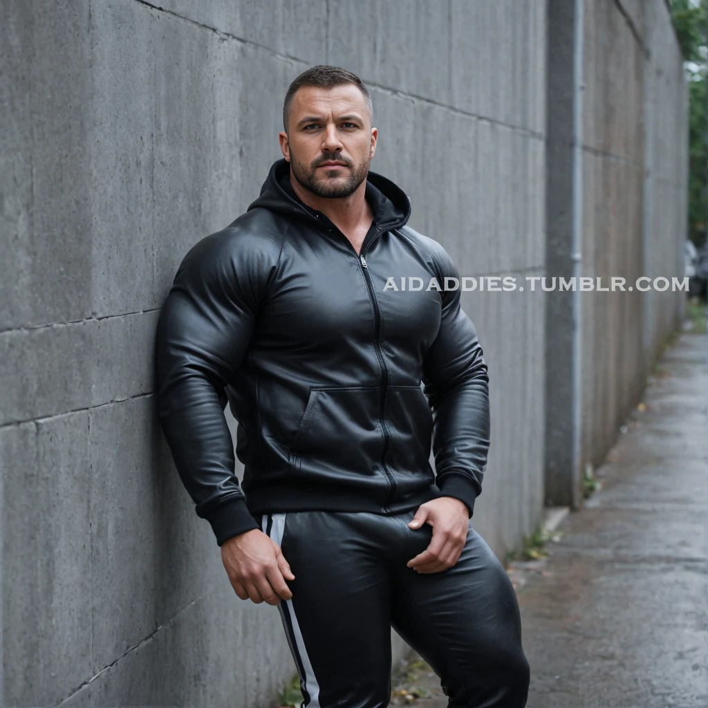 arafed man in a black leather jacket leaning against a wall, leather jerkin, strong and imposing, black jacket | shiny, black leather costume, extremely muscular, leather padding, robust stocky body, black leather slim clothes, dressed black hoodie, skintight leather clothes, very muscly, athletic tall handsome guys, 30 year old man :: athletic, hot man, big beefy man, leather clothes, dick bulge