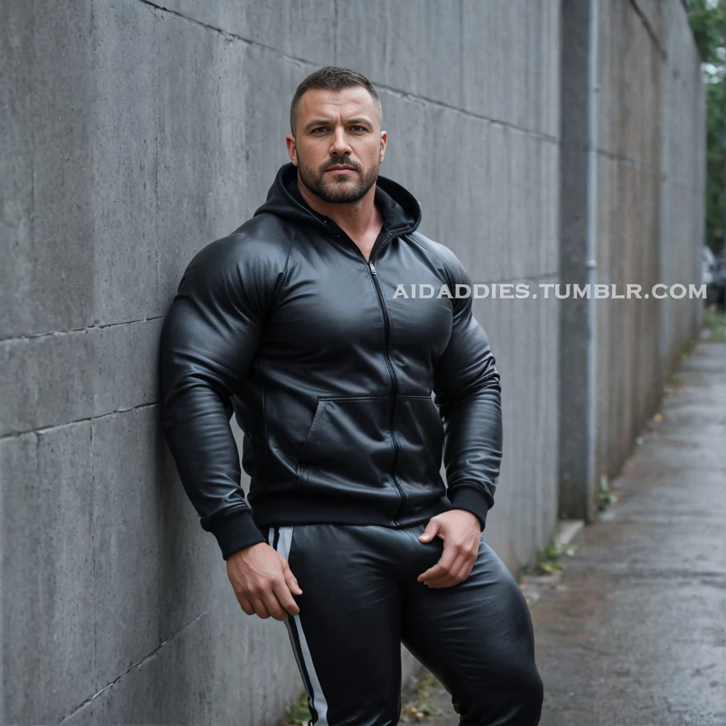 arafed man in a black leather jacket leaning against a wall, leather jerkin, strong and imposing, black jacket | shiny, black leather costume, extremely muscular, leather padding, robust stocky body, black leather slim clothes, dressed black hoodie, skintight leather clothes, very muscly, athletic tall handsome guys, 30 year old man :: athletic, hot man, big beefy man, leather clothes, dick bulge
