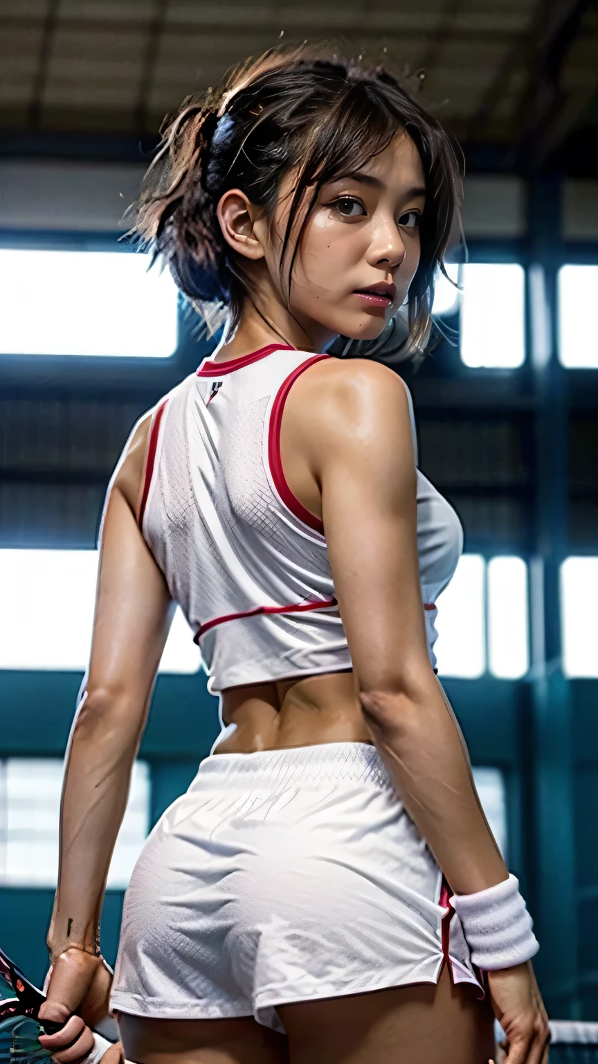 (Woman smashing on outdoor tennis court、Standing with your butt sticking out、(Realistic、Like a photograph、Live Action、, Realistic, RAW Photos, Best image quality: 1.4), Single-lens reflex camera、RAW Photos, Highest quality, Realistic, Very detailed CG Unity 8k wallpaper, Written boundary depth, Cinematic Light, Lens flare, Ray Tracing, Realistic background、Many people:1.4、(Tennis Player:1.4、Tennis uniform:1.3、Toned body)、((Ultra-dense skin))、 woman,Cute Japanese Tennis Player、((Smash stance、((whole body:1.5))、During the game:1.1、Serious expression on the court))、Pink inner color hair、short hair:1.2、tie your hair with a hair clip、I like that style、stylish、Very detailed、Pay attention to the details、Perfect outfit、(Sunburned skin)、Beautiful legs:1.1、Rear view