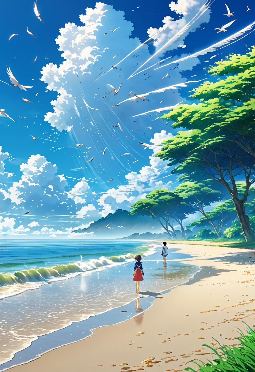 Well detailed anime landscape, The 100 series poster style with people falling from the sky, Os 100, people falling to the sky, beautiful horizon on the beach, floating wing feathers
 falling seen from afar, clouds, small with brush strokes, serene sky anime nature wallpaper, anime beautiful scene, beautiful anime peace scene, Makoto Shinkai Cyril Rolando, beautiful anime scene, amazing wallpaper, wallpaper anime art 8k, anime background, anime art background, anime 4k wallpaper, anime art 4k wallpaper, anime art 4k wallpaper,