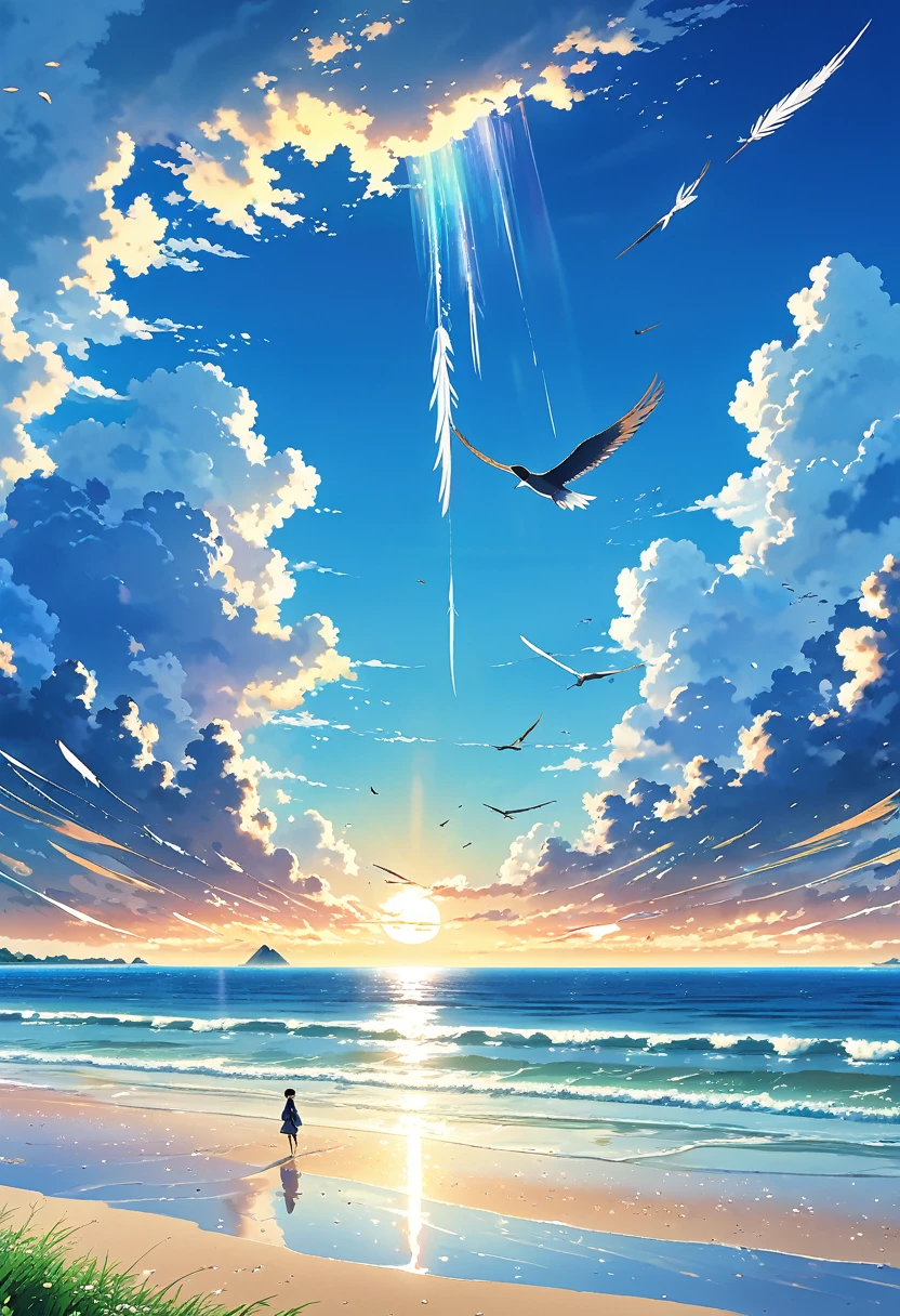 Well detailed anime landscape, The 100 series poster style with people falling from the sky, Os 100, people falling to the sky, beautiful horizon on the beach, floating wing feathers
falling seen from afar, clouds, small with brush strokes, serene sky anime nature wallpaper, anime beautiful scene, beautiful anime peace scene, Makoto Shinkai Cyril Rolando, beautiful anime scene, amazing wallpaper, wallpaper anime art 8k, anime background, anime art background, anime 4k wallpaper, anime art 4k wallpaper, anime art 4k wallpaper,