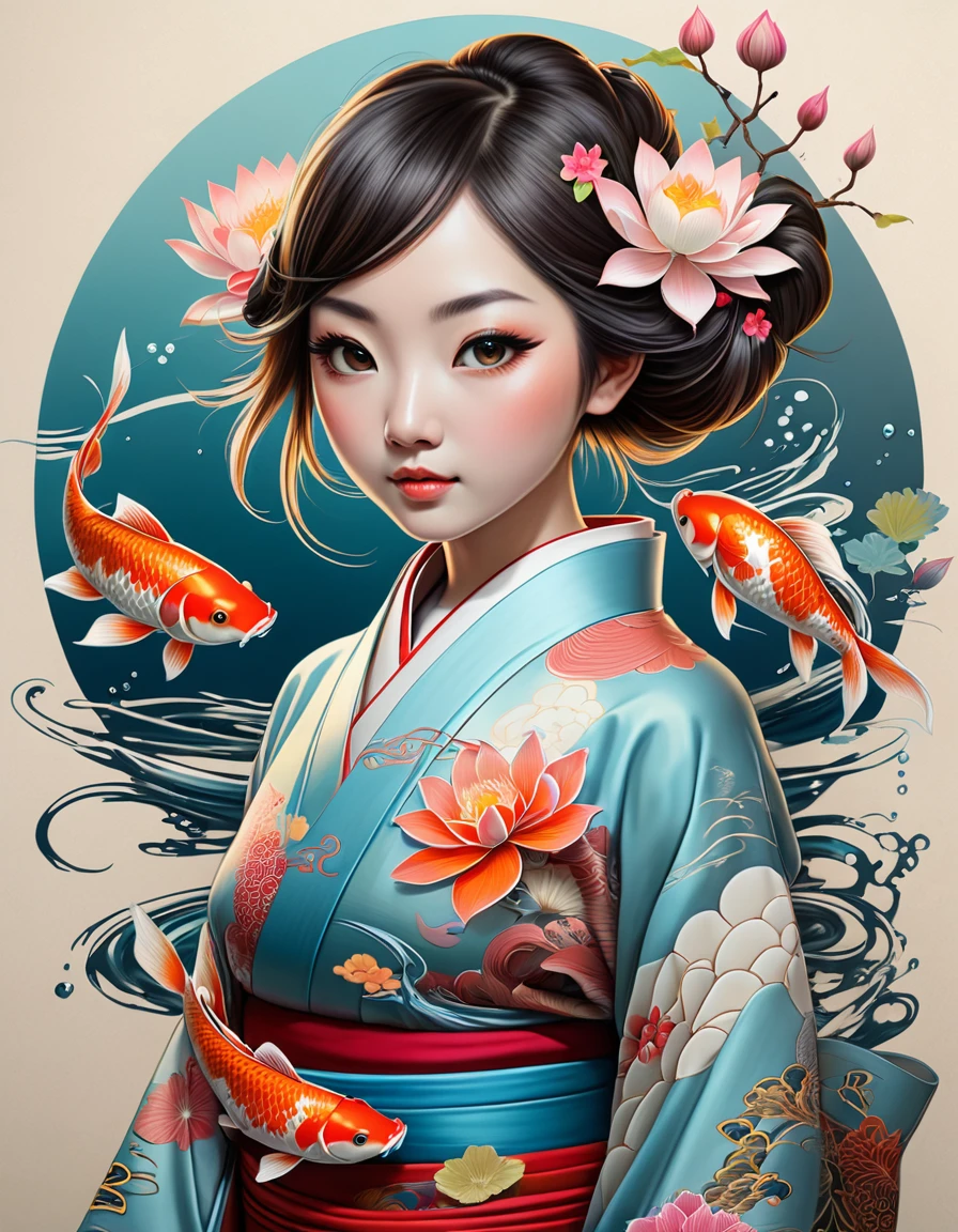 in the style of Greg Simkins,zentang, Realistic magical Japanese girl in a kimono,Koi fish,, a thin line ,colorful, lotuses, hyperrealism, hyperaesthetic, sharpen, CGI,Fabonacci number,mandala,
