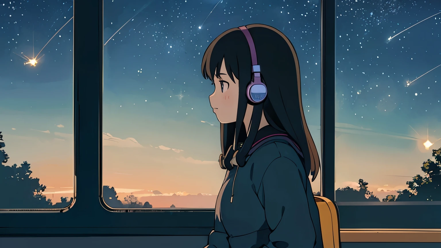 25-year-old woman, Listening to music with glowing headphones, Outside the bus window is a beautiful starry night view with fireflies flying about., LoFi Style, Ghibli style, Long black hair, 4K resolution, profile view, Gazing at the horizon, big headphone.