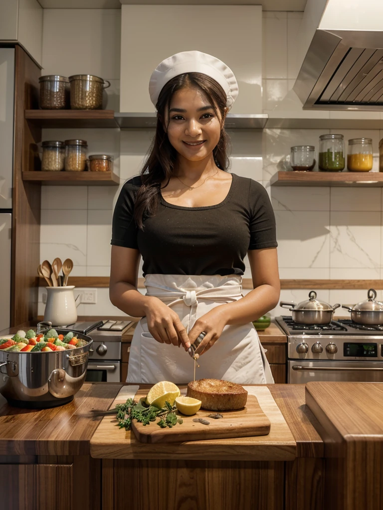 Solo Bangladeshi girl (best quality, ultra-detailed, realistic:1.37), Bangladesh beautiful girl my fantastic partner, in the kitchen, professional lighting, vibrant colors, cozy atmosphere, delicious aroma, stainless steel appliances, modern design, marble countertop, wooden cabinets, exquisite details, apron, chef's hat, cooking utensils, ingredients, freshly baked bread, simmering pot on the stove, steam rising, cutting board, chopping vegetables, vibrant fruits, wine glasses, elegant dinnerware, cozy dining area, natural light, potted herbs, recipe book, artful wall decor, joyful laughter, teamwork, culinary creativity.