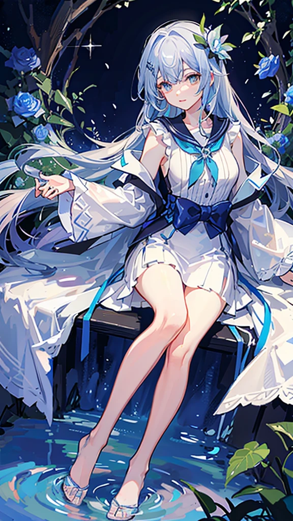 Holding a flower、The background is a garden、Multicolored rose flowers、Blue rose、Crystal clear light blue hair、Her hair is gradated and white from the hairline to the middle.、Hair length is up to the knees、A shiny, light blue sailor suit、The hair ornament is glittering gold.、Silver hair ornament、She has big breasts、Adult face、