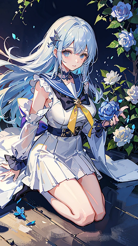 Holding a flower、The background is a garden、Multicolored rose flowers、Blue rose、Crystal clear light blue hair、Her hair is gradated and white from the hairline to the middle.、Hair length is up to the knees、A shiny, light blue sailor suit、The hair ornament is glittering gold.、Silver hair ornament、She has big breasts、Adult face、