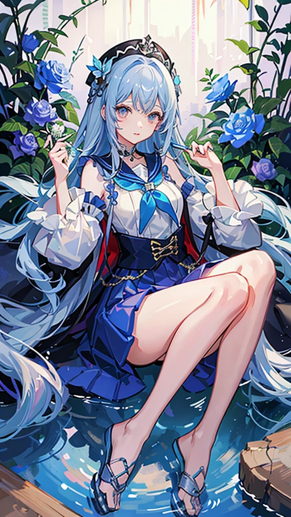 Holding a flower、The background is a garden、Multicolored rose flowers、Blue rose、Crystal clear light blue hair、Her hair is gradated and white from the hairline to the middle.、Hair length is up to the knees、A shiny, light blue sailor suit、The hair ornament is glittering gold.、Silver hair ornament、She has big breasts、Adult face、