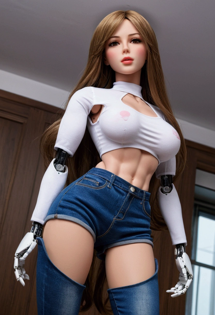 Three meters tall female sex doll. ((Head reaches The ceiling)) Massive , Wearing tight jeans and a tight shirt. Robot.  Big muscles, muscular, thicc thighs and hourglass figure.