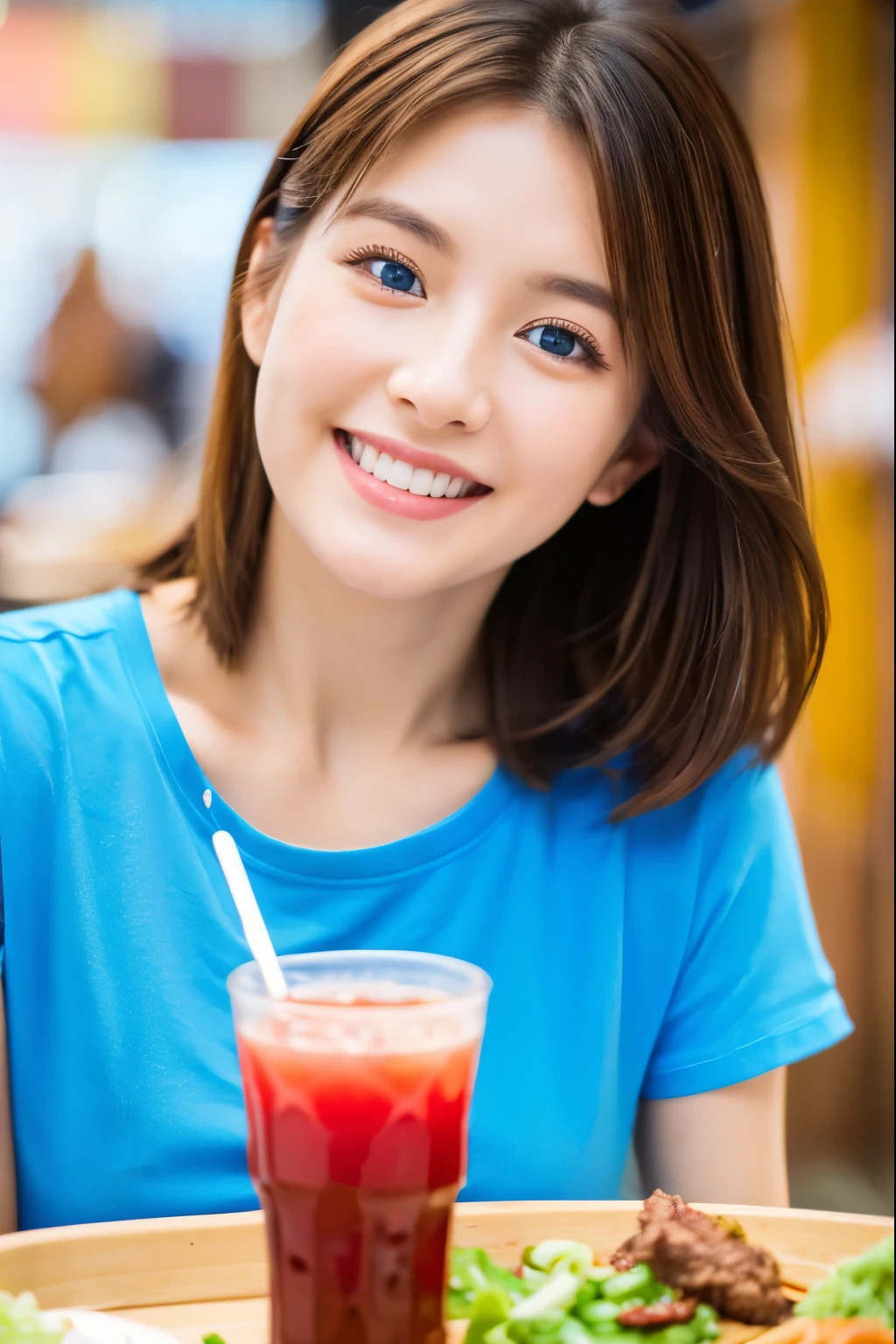 (4K), (Highest quality), (Best details), (Realistic)、At the stall、Beautiful Korean girl eating Korean food、T-Shirts、Frugal makeup、Brown Hair、Blue Eyes、smile