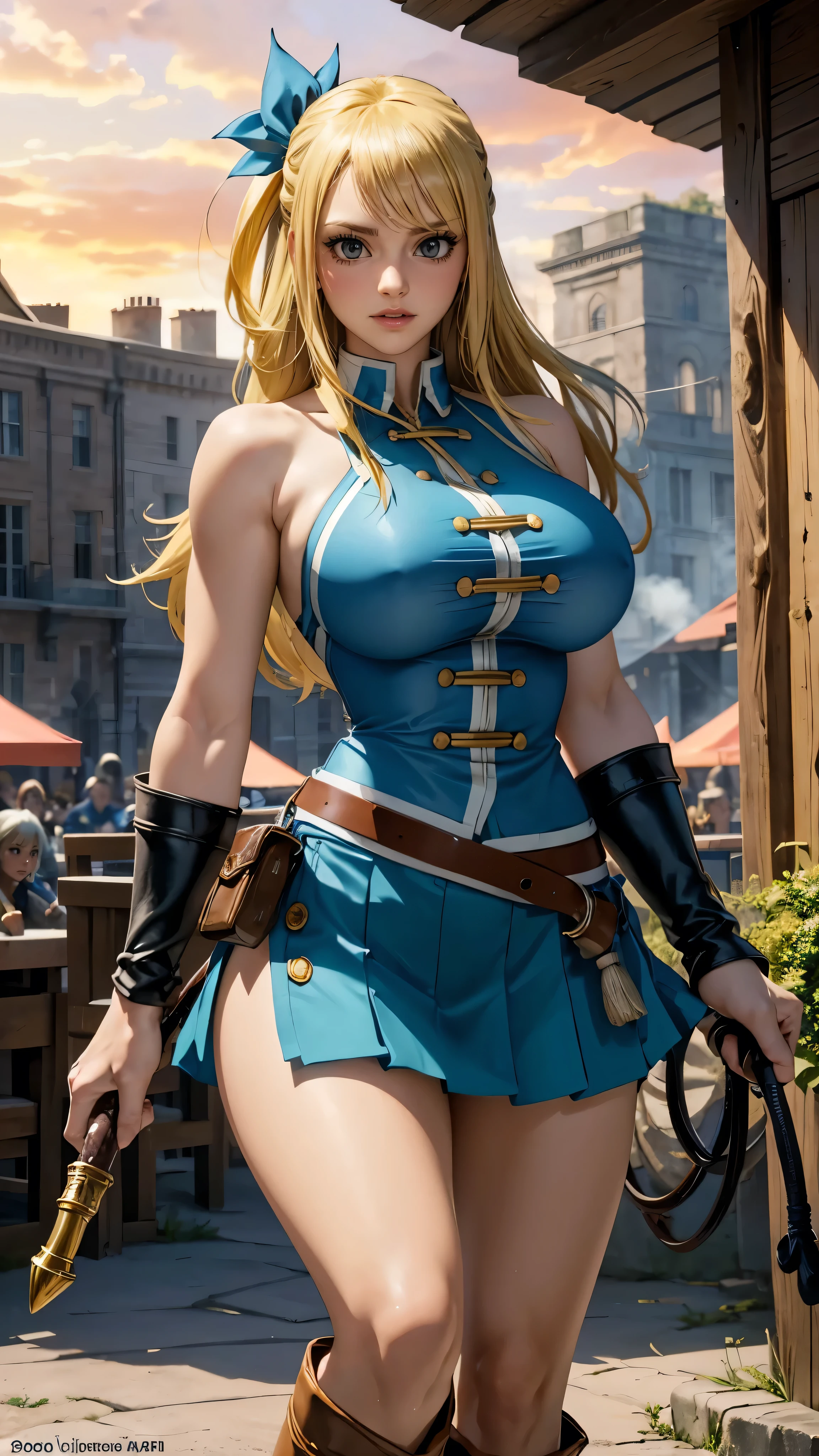 (Best quality,4k,8K,a high resolution,masterpiece:1.2),Hisui E. Fiore - Fairy Tail, detailed,sexual),((cute expression)),blue ribbon,(blonde),(Grey eyes),(blue shirt with gold buttons),white mini skirt,whip on the belt,Knee-high boots,market,(baguette in hand),(standing)full length, ((big tits:1.2)),market square,sun market bustle,determination in her eyes,beliefs(Best quality,4k,8K,a high resolution,masterpiece:1.2),realistic,ultra detailed,sexual,Irene Belserion (Fairy Tail)dark green eyes,cruel expression,costs,severed heads of enemies on the ground,dynamic pose, bread in hands,power and authority,fatal blows and parries,strong female protagonist,Billowing dust and smoke,determination in her eyes,confident and fearless,scenic sunset lighting,Bright colors,muscular build,slim and fit figure,epic fantasy work, sexual and fearless,scenic sunset lighting,Bright colors,muscular build,slim and fit figure,epic fantasy work, sexual