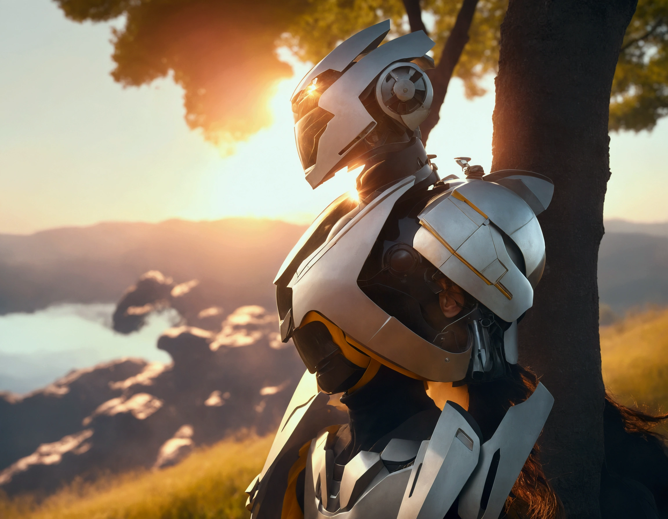 Masterpiece,High-quality 4K,Perfect Face,Perfect body。The bright early summer afternoon sunshine pours down。Head is a full-face helmet with a smoke shield。The body is made entirely of metal, with gaps allowing you to see the internal components and chassis.。A realistic live-action Hollywood drama。