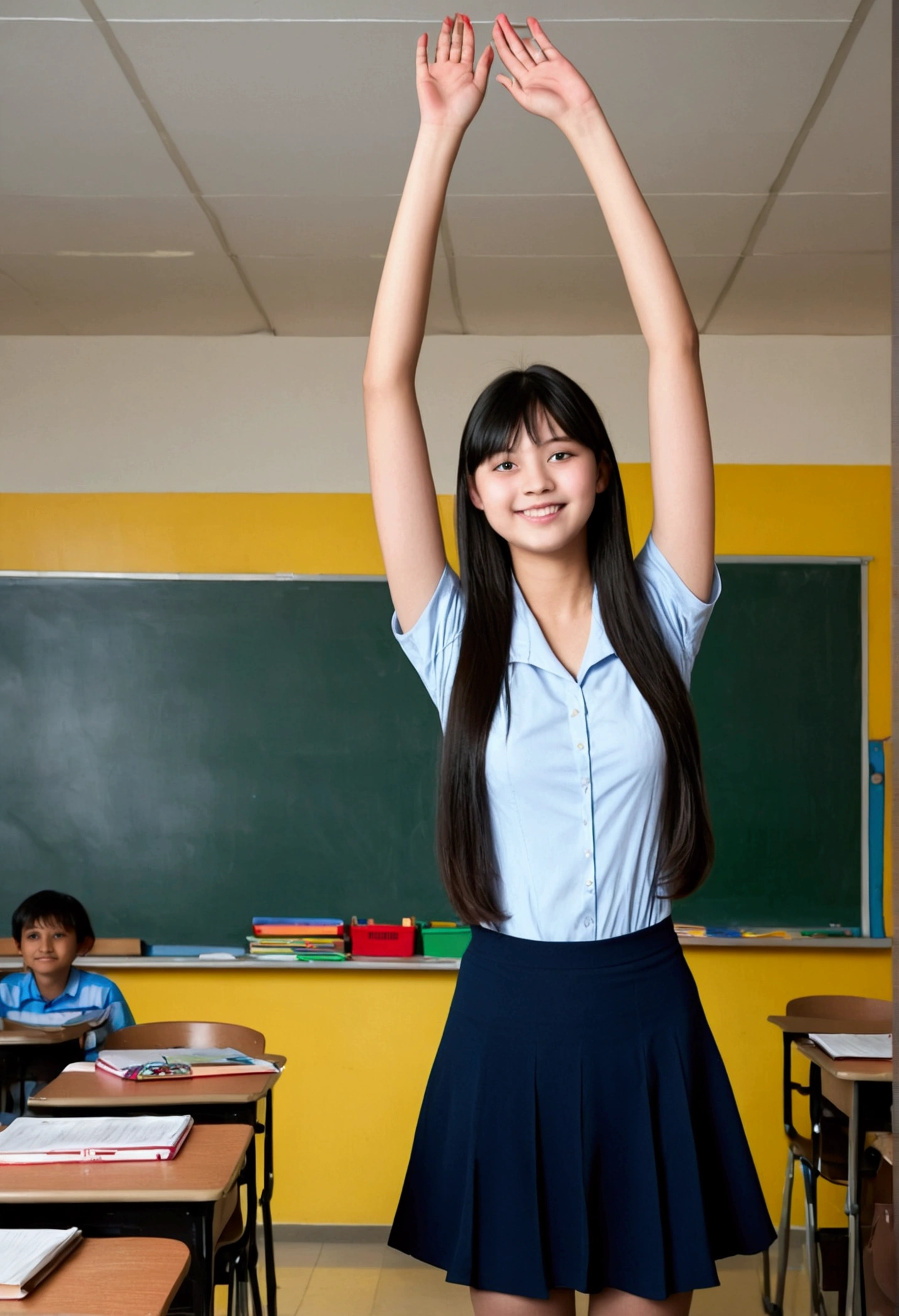 Super tall young student,((3 meters tall)) big chested, thich thighs, head touching The ceiling, ((worlds tallest woman)), full body picture, 18 years old . Black hair, red cheeks, smiling, cute, long hair, bangs, big eyes, in school. Fully clothed, reaching down to Pick you up.