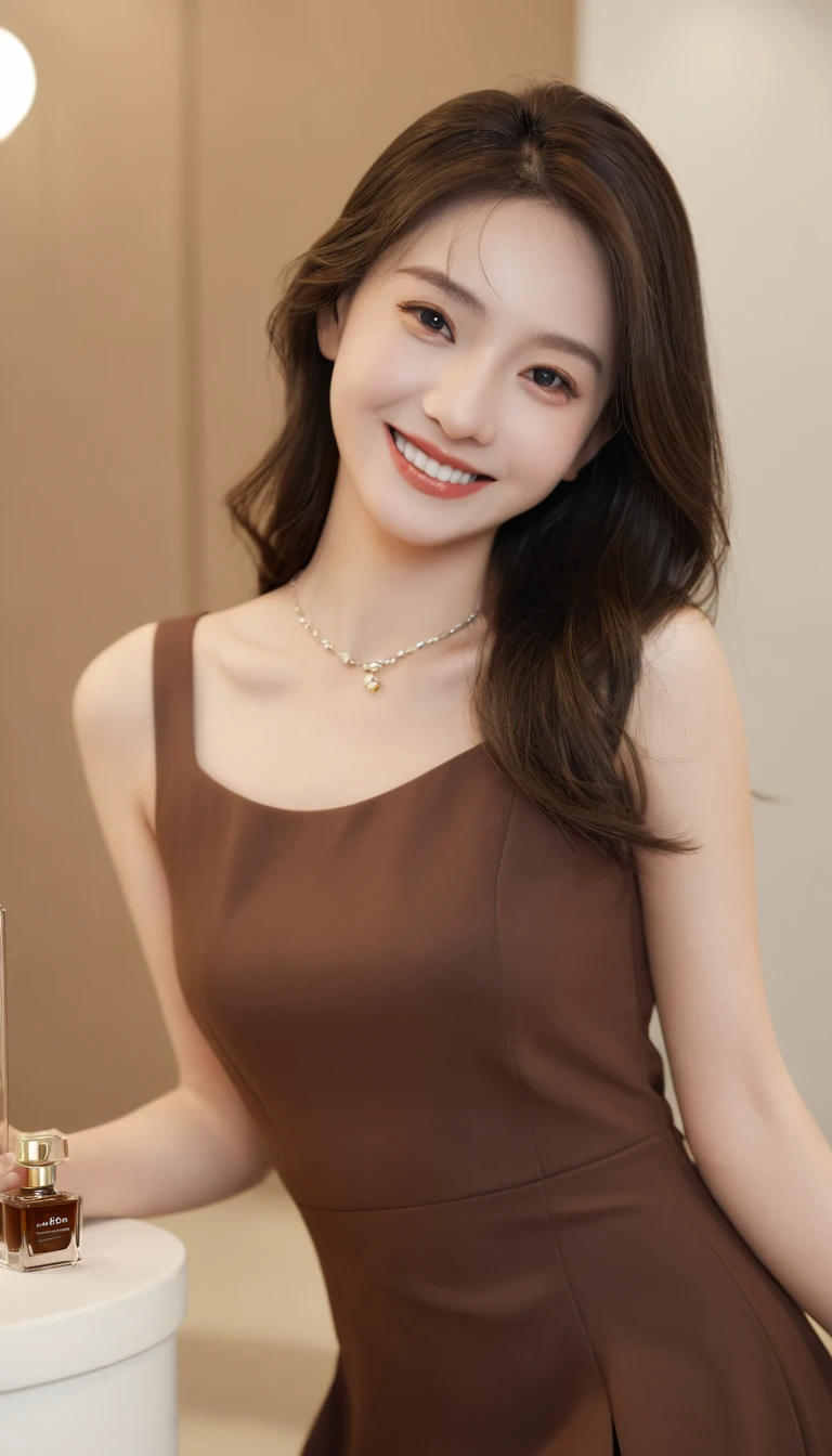 ((masterpiece,best quality)), 4K, high resolution, 1 Girl, Solitary, Smile, Brown dress, (Perfumer Equipment 2:1.2),