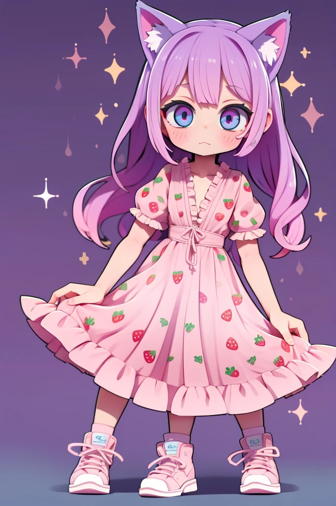 1 girl, chibi, tiny, toddler, pink hair, purple hairclips, cat ears, light skin, blue eyes, sparkle in eyes, purple pacifier, wearing light blue strawberry pattern dress, black flat shoes, colorful bead bracelets, happy expression