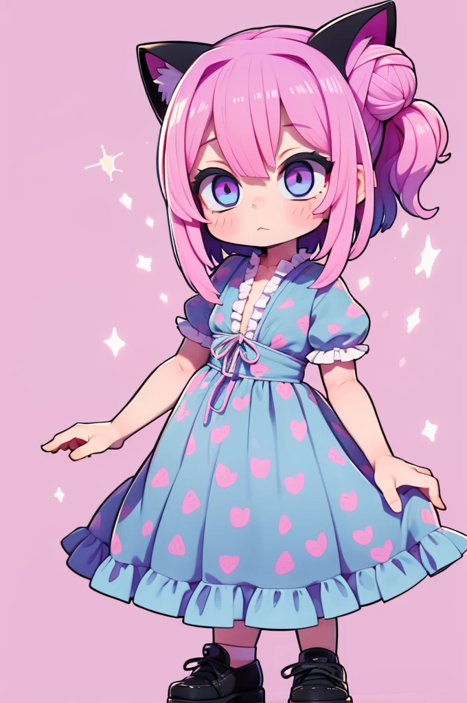 1 girl, chibi, tiny, toddler, pink hair, purple hairclips, cat ears, light skin, blue eyes, sparkle in eyes, purple pacifier, wearing light blue strawberry pattern dress, black flat shoes, colorful bead bracelets, happy expression