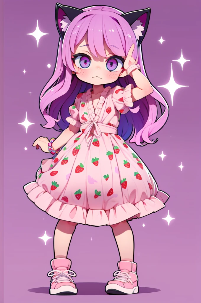 1 girl, chibi, tiny, toddler, pink hair, purple hairclips, cat ears, light skin, blue eyes, sparkle in eyes, purple pacifier, wearing light blue strawberry pattern dress, black flat shoes, colorful bead bracelets, happy expression