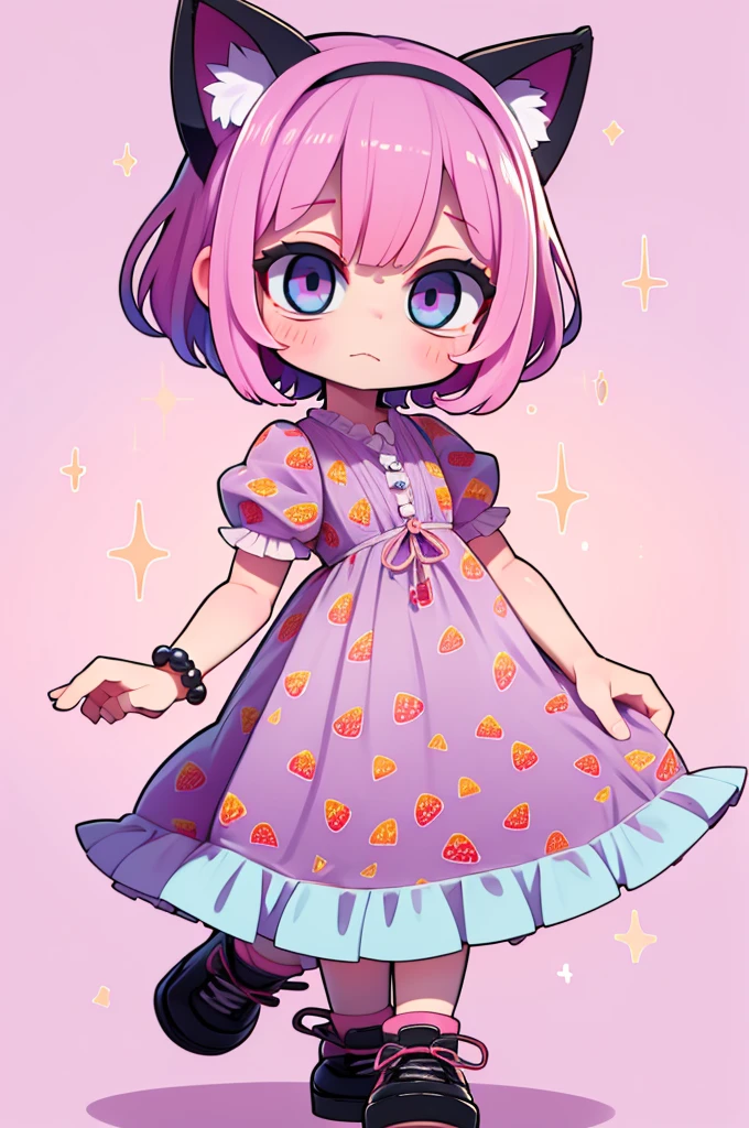 1 girl, chibi, tiny, toddler, pink hair, purple hairclips, cat ears, light skin, blue eyes, sparkle in eyes, purple pacifier, wearing light blue strawberry pattern dress, black flat shoes, colorful bead bracelets, happy expression