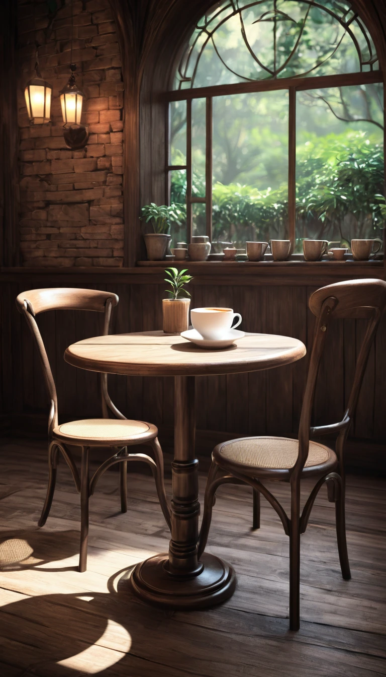 Fantasy Background, Cafe RPG Style, Empty chair, table, Tea cup set