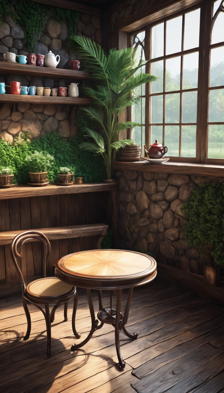 Fantasy Background, Cafe RPG Style, Empty chair, table, Tea cup set