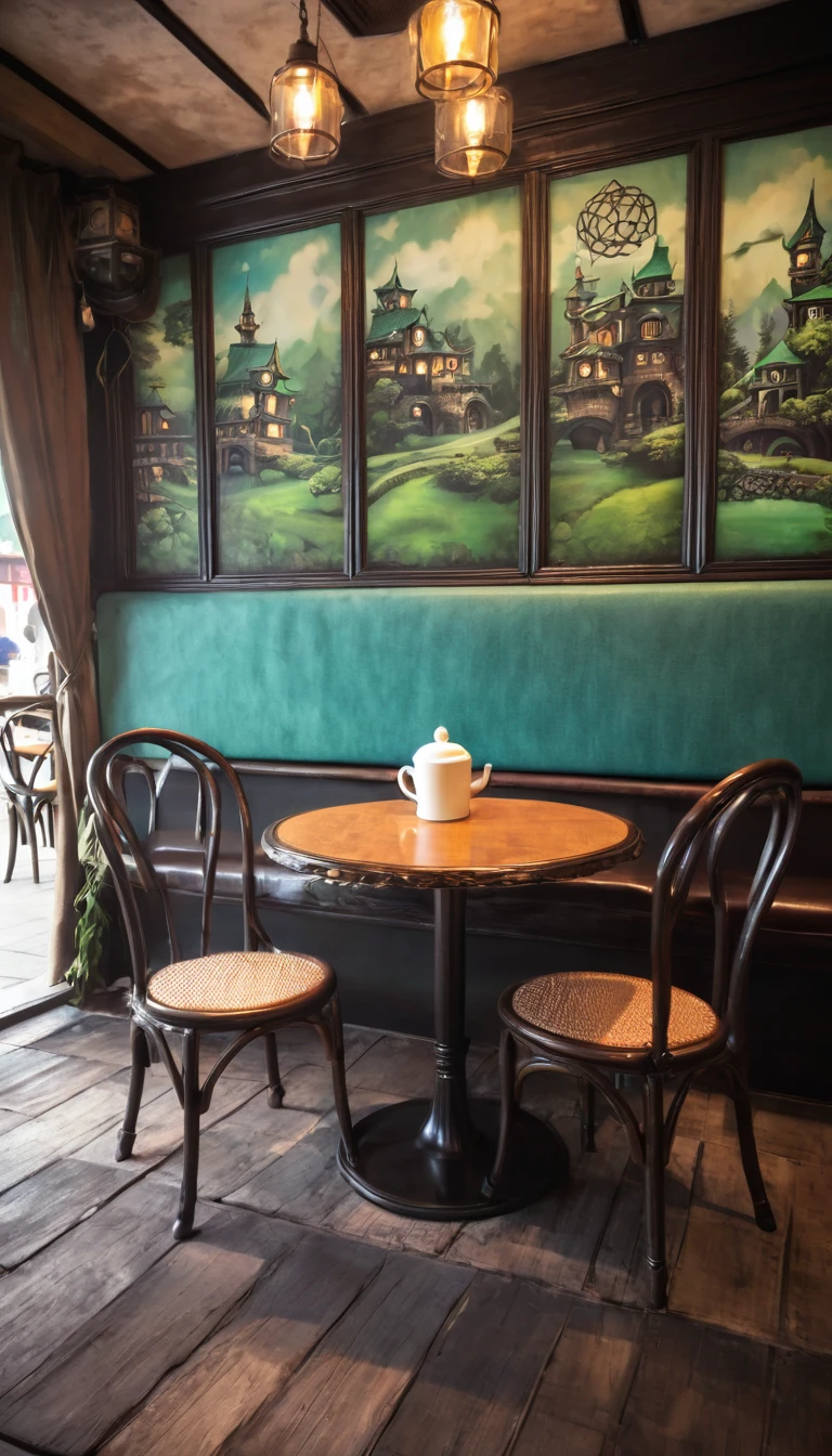 Fantasy Background, Cafe RPG Style, Empty chair, table, Tea cup set