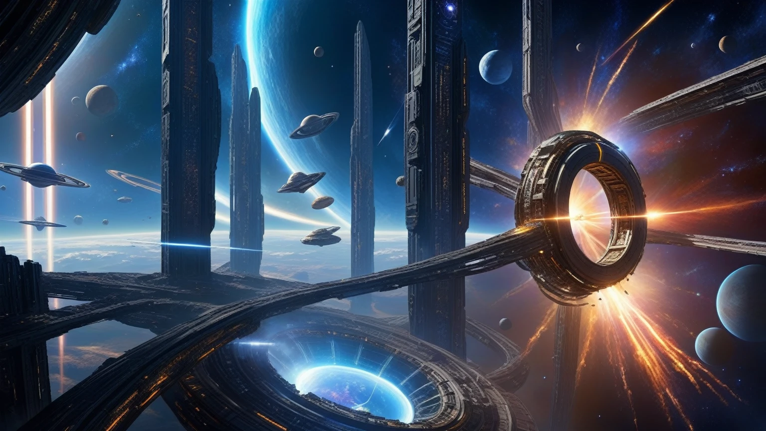 dark space of the universe, large artificial high-tech ring gate flies through space and time, flying sci-fi vehicle, cosmic light and the ancient energy of the Universe burst out from the depths of these gates and transport the viewer to other worlds, where it's light and cozy, sci-fi. (((1girl, solo, alone))), large-breast:1.2 slim body, cleavage:1.1, sexy elegant miniskirt, (((headphone, black sunglasses, standing and holding pistol pose))), (((half-body thigh level medium shot))), cinematic lighting, lens flare, ray tracing.