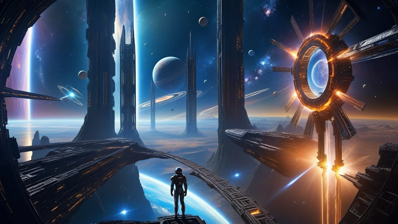 dark space of the universe, large artificial high-tech ring gate flies through space and time, flying sci-fi vehicle, cosmic light and the ancient energy of the Universe burst out from the depths of these gates and transport the viewer to other worlds, where it&#39;s light and cozy, sci-fi. (((1girl, solo, alone))), large-breast:1.2 slim body, cleavage:1.1, sexy elegant miniskirt, (((headphone, black sunglasses, standing and holding pistol pose))), (((half-body thigh level medium shot))), cinematic lighting, lens flare, ray tracing.