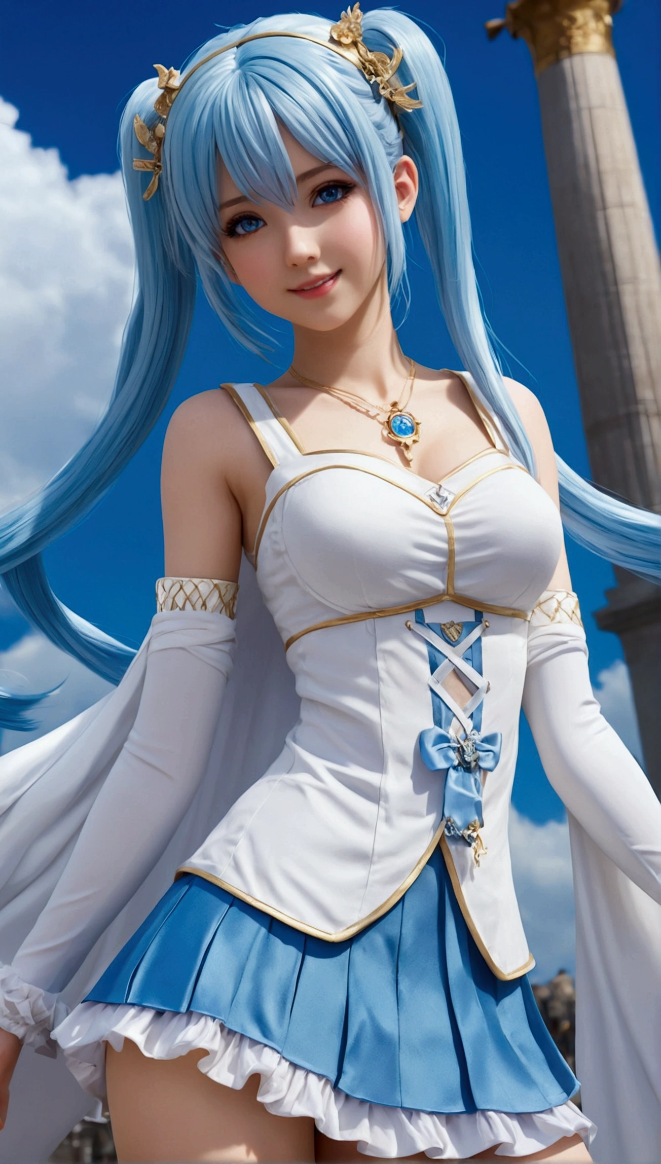 (((masterpiece))),(((Highest quality))),((Very detailed)),(figure),((Very delicate and beautiful)),(Beautiful and fine details),(Detailed Light) (One girl), solo , Glowing Eyes,Light blue long hair、Twin tails、blue eyes, Double Tail, Bright blue sky background,Bright blue Christian monument background，White pantyhose，Cross Necklace，With a smile (Anime Style), Beautiful and delicate face，（Cute Face：1.3），（Large Eyes：1.2），（Priestess Maiden Costume），Installed Detail Effects：1.3），Flowing skirt，（Thin fabric：1.2），Distinct facial features