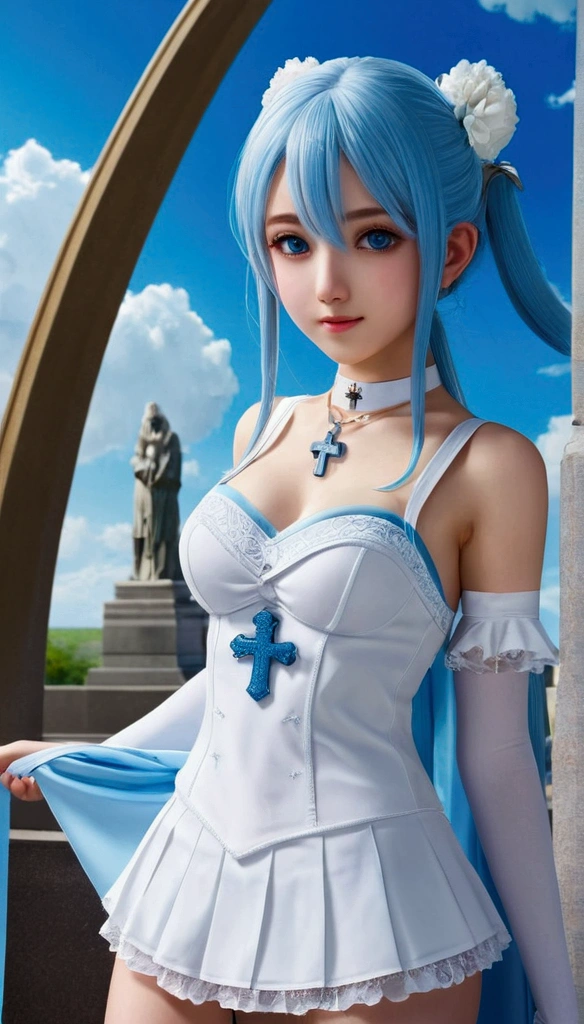 (((masterpiece))),(((Highest quality))),((Very detailed)),(figure),((Very delicate and beautiful)),(Beautiful and fine details),(Detailed Light) (One girl), solo , Glowing Eyes,Light blue long hair、Twin tails、blue eyes, Double Tail, Bright blue sky background,Bright blue Christian monument background,White pantyhose,Cross Necklace,With a smile (Anime Style), Beautiful and delicate face,(Cute Face:1.3),(Large Eyes:1.2),(Priestess Maiden Costume),Installed Detail Effects:1.3),Flowing skirt,(Thin fabric:1.2),Distinct facial features