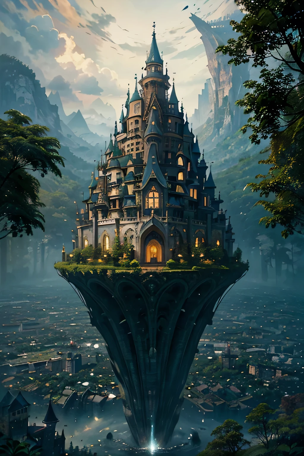 arafed image of a castle in the forest with a memory river in the middle, a surrealist painting inspired by Jacek Yerka, reddit contest winner, magical realism, endless books, infinite library, jacek yerka and vladimir kush, library of babel, rob gonsalves and tim white, borne space library artwork, library of forever, the library of babel