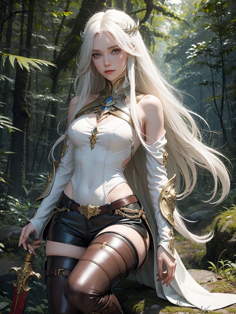Long white hair, cate features, white skin, Fantasy world. Adventurer style with armor on the shoulder and arms (ruby). Ideal slim and delicate body in the form of an hourglass figure. In the forest. Armor on the shoulders and a magical cool sword on the hilt. High summer fantasy boots with rubies with stocking. Clothes are visible from head to toe. Tight-fitting leather shorts that reach below the thigh.