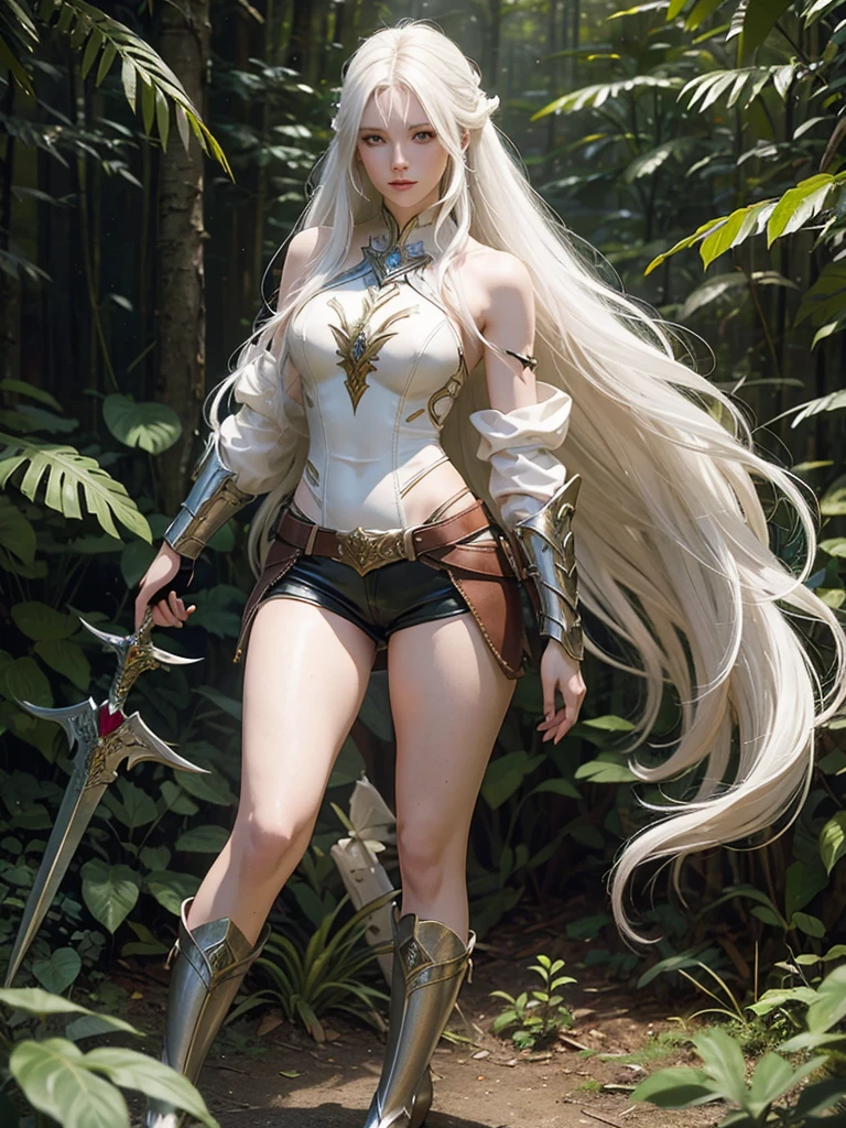 Long white hair, cate features, white skin, Fantasy world. Adventurer style with armor on the shoulder and arms (ruby). Ideal slim and delicate body in the form of an hourglass figure. In the forest. Armor on the shoulders and a magical cool sword on the hilt. High summer fantasy boots with rubies with stocking. Clothes are visible from head to toe. Tight-fitting leather shorts that reach below the thigh.