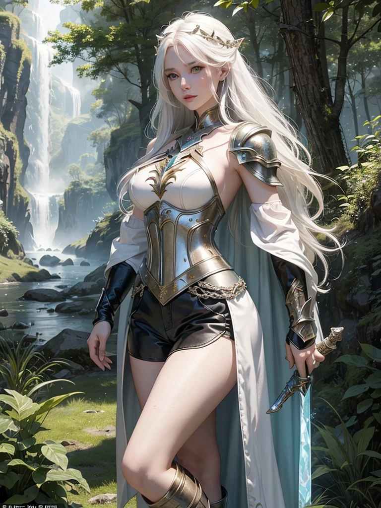 Long white hair, cate features, white skin, Fantasy world. Adventurer style with armor on the shoulder and arms (ruby). Ideal slim and delicate body in the form of an hourglass figure. In the forest. Armor on the shoulders and a magical cool sword on the hilt. High summer fantasy boots with rubies with stocking. Clothes are visible from head to toe. Tight-fitting leather shorts that reach below the thigh.