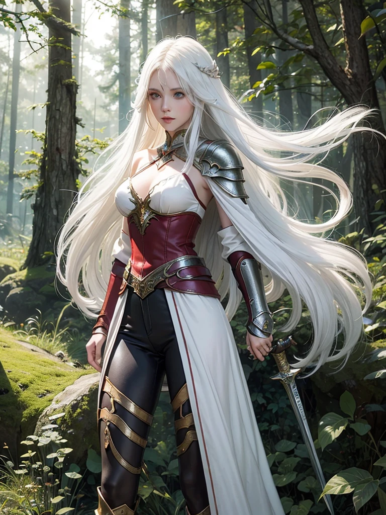 Long white hair, cate features, white skin, Fantasy world. Adventurer style with armor on the shoulder and arms (ruby). Ideal slim and delicate body in the form of an hourglass figure. In the forest. Armor on the shoulders and a magical cool sword on the hilt. High summer fantasy boots with rubies with stocking. Clothes are visible from head to toe. Tight-fitting leather shorts that reach below the thigh.