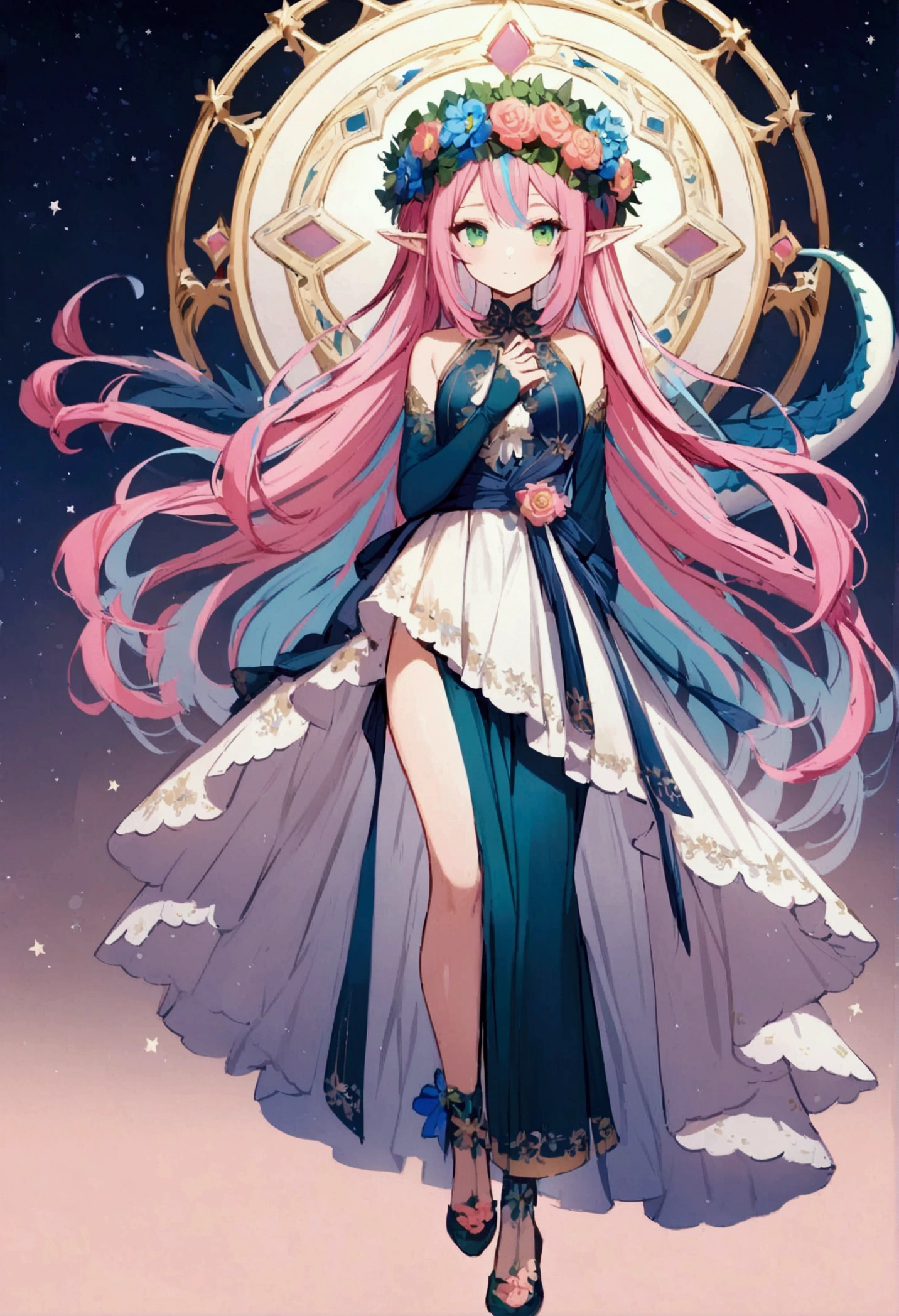 beautiful elf, long pink hair and blue streaks hair, green eyes, with flower crown, dragon behind, starry background, full body