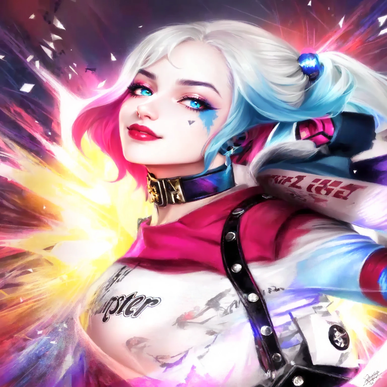 Halle Halle is a female character with blue hair and pink clothing, Queen of Halley, Harley Quinn, portrait of Harley Quinn, of Harley Quinn, Vibrant fan art, rossdraws cartoon vitality, rossdraws 2. 0, Louis van Baarle and Rostus, epic digital art illustration, Lois Van Ross Paintings, Extremely detailed Artgerm, rossdraws numbers,whole body,整体whole body,Wearing a short skirt