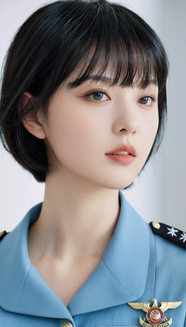 (Maximum resolution, clearly_image) best quality, individual, A woman, Solitary, masterpiece, Very detailed, Semi-realistic, Black short hair, Black Hair, Bangs, 18 years old, Mature, light blue military uniform, military uniform, Indoor background, Moderate, authoritative, powerful, Exquisite facial features, Exquisite facial features