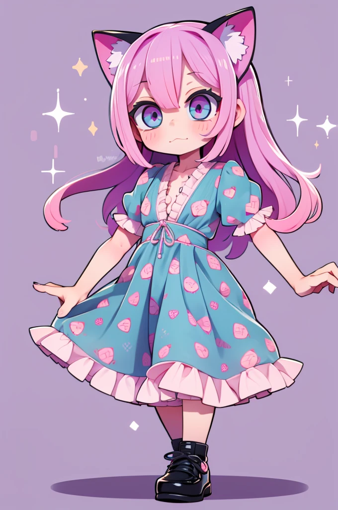 1 girl, chibi, tiny, toddler, pink hair, purple hairclips, cat ears, light skin, blue eyes, sparkle in eyes, purple pacifier, wearing light blue strawberry pattern dress, black flat shoes, colorful bead bracelets, happy expression